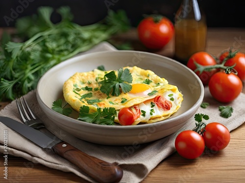 Egg omelet with green onions and tomatoes in a ceramic plate on a linen napkin on a wooden table.