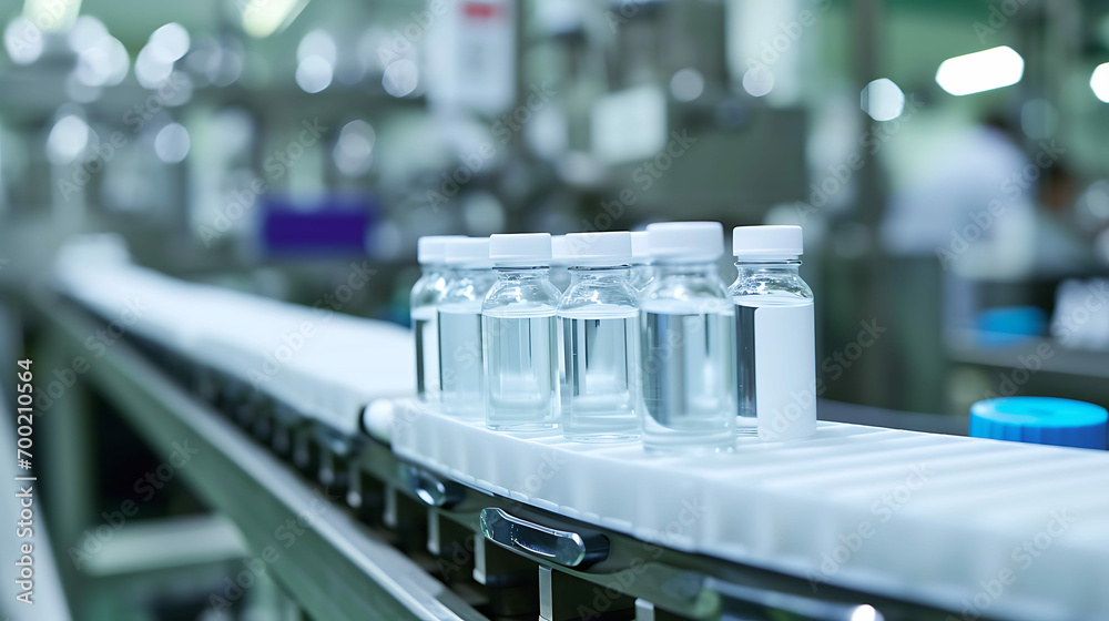 Medical bottles with yellow medicine on a production line at pharmaceutical factory close up Medical bottles with yellow medicine on a production line at pharmaceutical factory close up