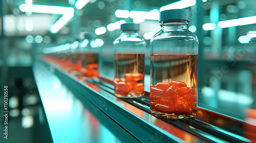Medical bottles with yellow medicine on a production line at pharmaceutical factory close up