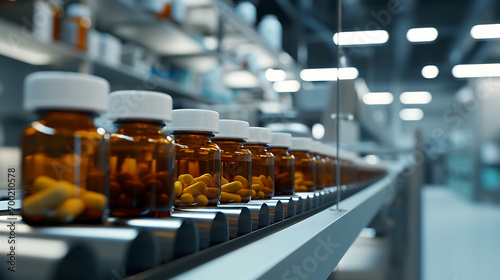 Medical bottles with yellow medicine on a production line at pharmaceutical factory close up