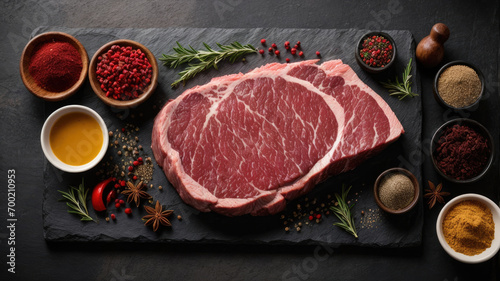 raw beef steak on a black board