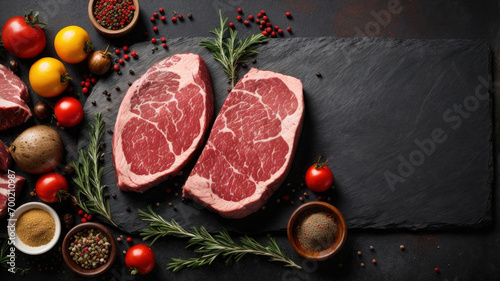 raw beef steaks on a black board