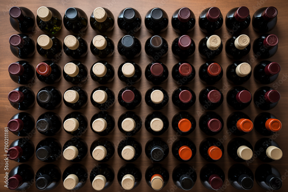 Many wine bottles, top view, AI generated image Many wine bottles, top view, AI generated image