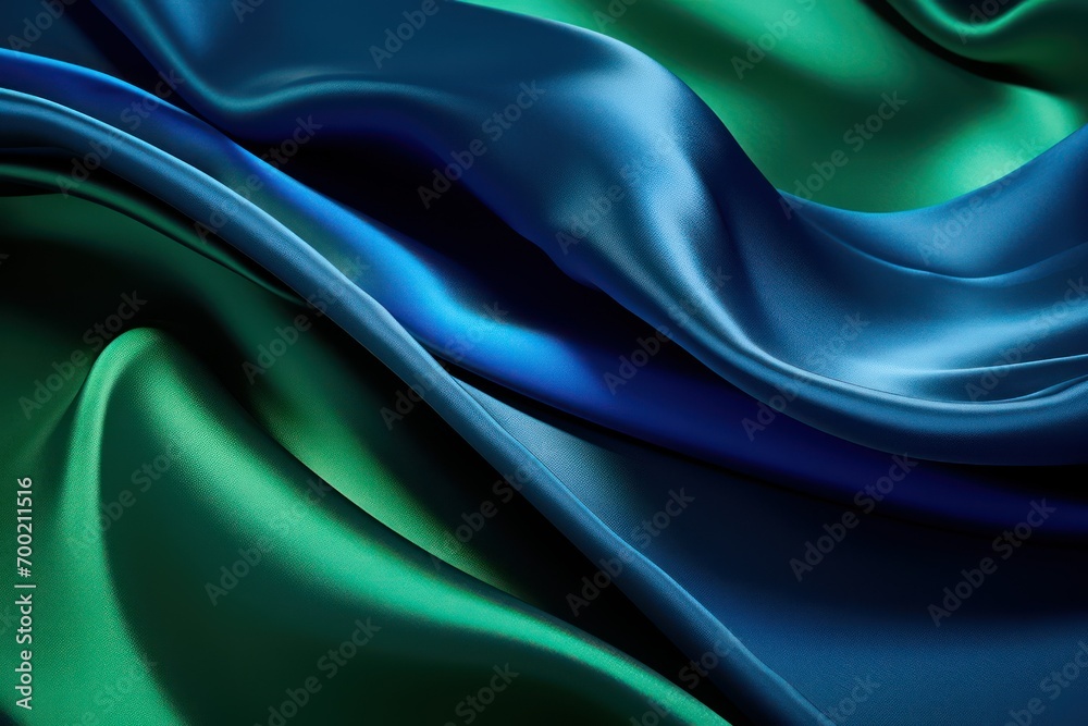 Close-up view of elegantly waved blue and green satin fabric Close-up view of elegantly waved blue and green satin fabric
