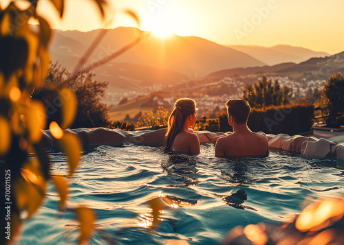 romantisches Paar im Jacuzzi im Sonnenuntergang