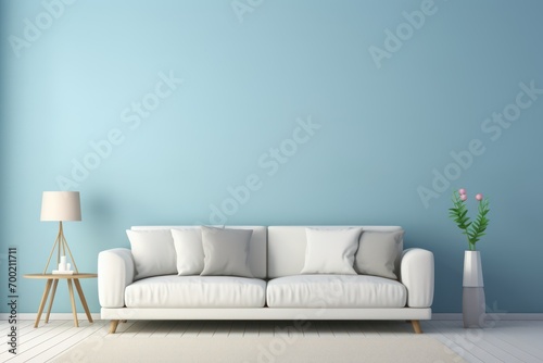 Modern living room with white sofa and blue wall