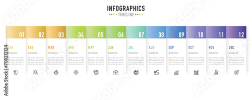 Timeline rectangular infographic template or element with 12 months, step, process, option, colorful circle, pin, tag, rectangle, journey, navigation for planner, sale slide, calendar, paper origami