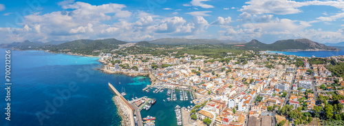 Aerial view Cala Ratjada harbor and village, Mallorca island, Spain