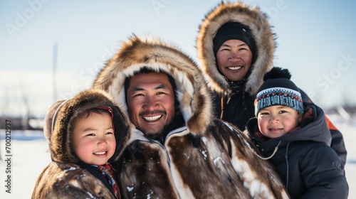 Portrait of happy Inuit family dressed in traditional clothes enjoying a day outdoors in the crisp Arctic air photo