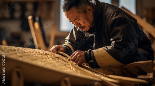 Portrait of Inuit craftsman constructing a traditional kayak photo