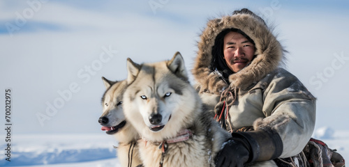 Portrait of an inuit man with his charismatic huskies looking on the camera. Banner with copy space