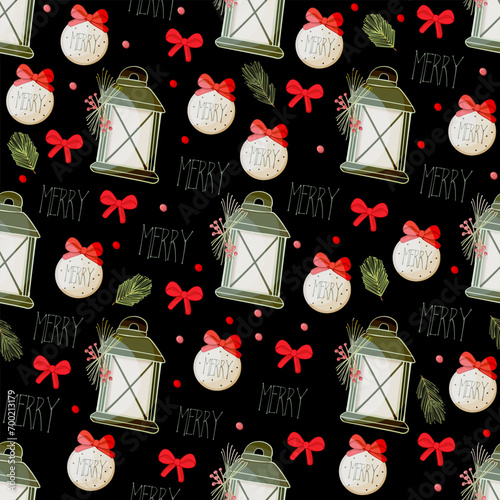 Black pattern with lamps, red berries, medallions with a red bow and fir branch