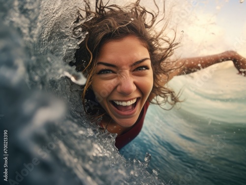 Fit cute woman surfing ocean wave © YamunaART