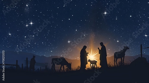 Heilige Nacht: Stern von Bethlehem über den Silhouetten von Jesus, Maria und Joseph photo