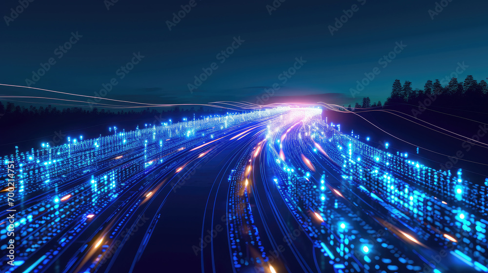 A highway with many lights and lines suitable for transportation, infrastructure, urban development, and travel-related designs. Sreaming data, binary data moving on a digital roa