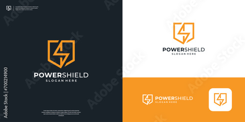 Minimalist Shield Security logo. Thunderbolt, Flash, Power logo design inspiration.