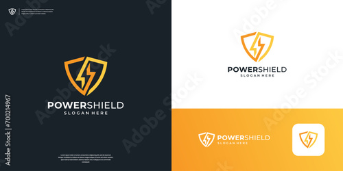 Minimalist Shield Security logo. Thunderbolt, Flash, Power logo design inspiration.