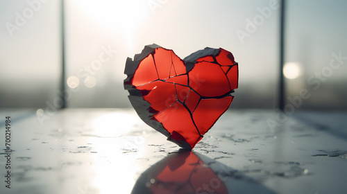 Broken glass heart with cracks on a cracked surface - heartbreak concept photo