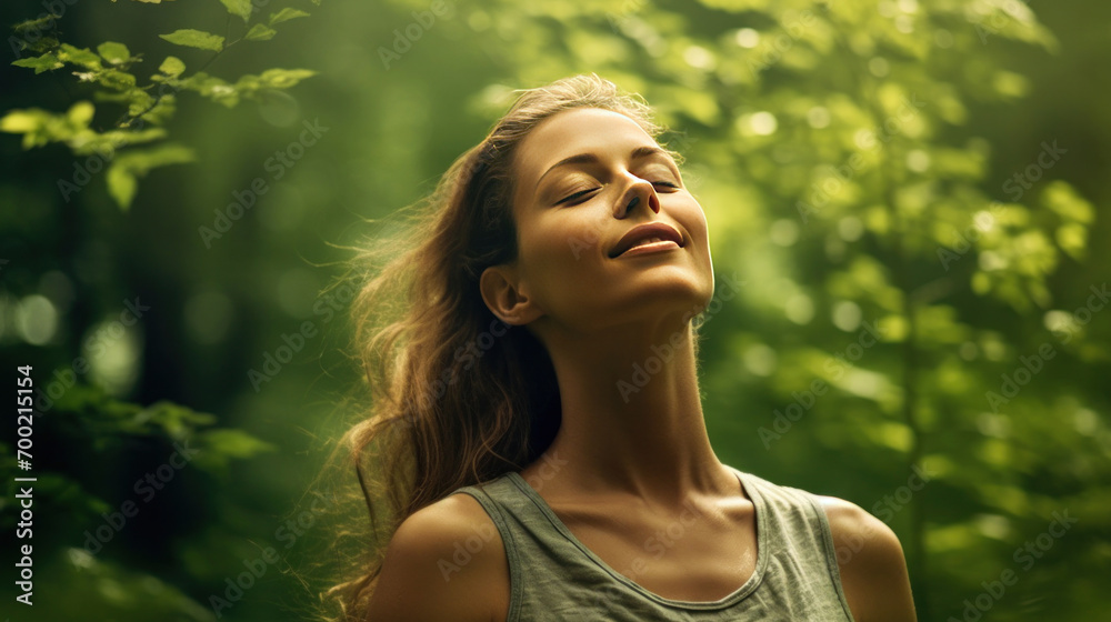 Naklejka premium A relaxed woman breathing fresh air in a green forest.