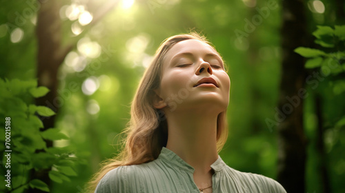 A relaxed woman breathing fresh air in a green forest.