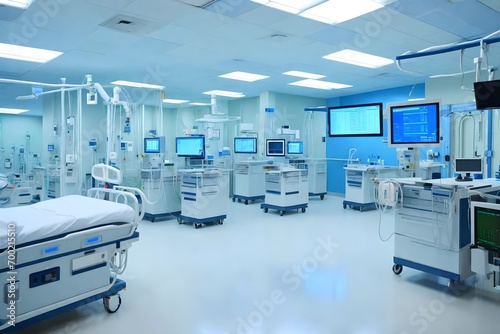 (ICU) ward in a hospital emergency room equipped with biometrics, instantaneous patient health monitoring, and life support photo