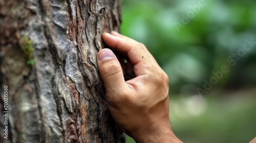 Close up hand of a man hand touch the tree trunk close-up. Bark wood.Caring for the environment. The ecology the concept of saving the world and love nature by human.