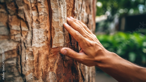 Close up hand of a man hand touch the tree trunk close-up. Bark wood.Caring for the environment. The ecology the concept of saving the world and love nature by human.