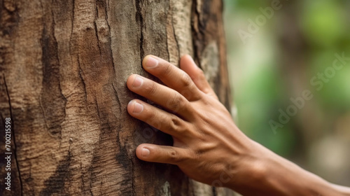 Close up hand of a man hand touch the tree trunk close-up. Bark wood.Caring for the environment. The ecology the concept of saving the world and love nature by human.
