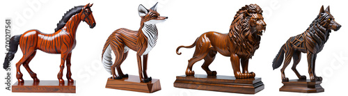 Set collection of decorative wooden statues horse, lion, fox and wolf isolated on transparent background. Generative AI