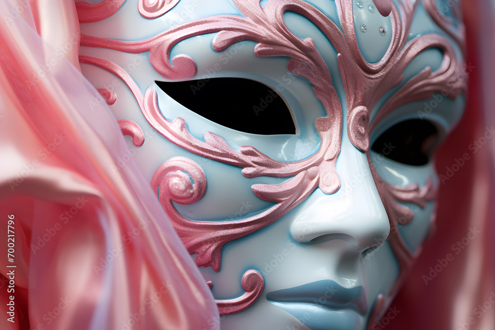 Close up of pink and blue elegant Venetian carnival mask on face