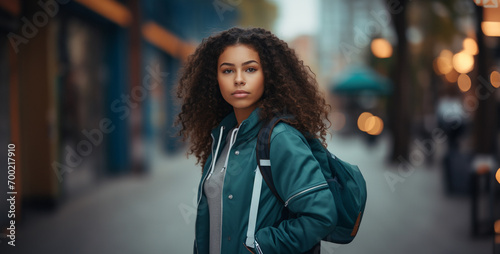 beautiful young girl with a backpack in the style, portrait of a woman