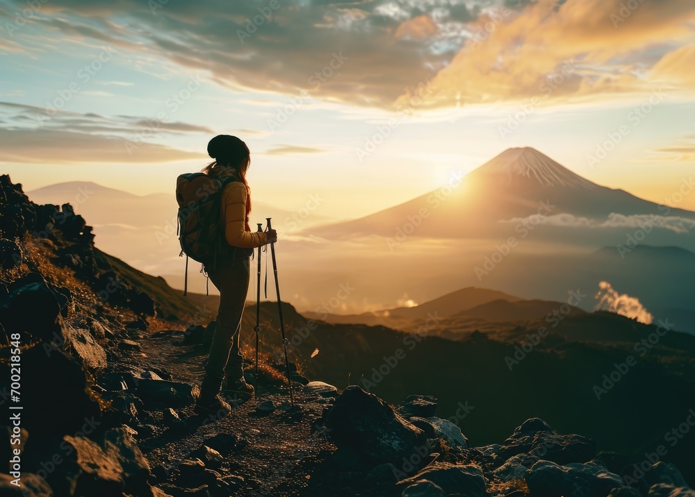 Asian Expedition: A Stunning Woman, Equipped with Trekking Poles, Observes the Beauty of Mount Fuji at Sunset in Japan - A Gorgeous Journey in the Heart of Asia


