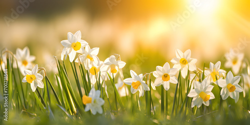 Banner with white daffodils with pale yellow trumpets