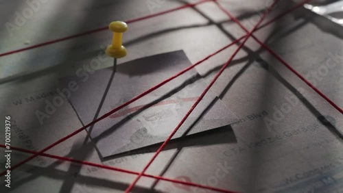 Close up shot of investigation board. Detective board with map of crime scene, pinned note with man face and red thread connecting clue proofs.