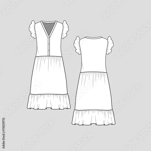 Henley Neck Ruffles Frill dress v henley neck Button panel  Armhole ruffles sleeve waist gathering Ruffles flare hem clothing dresses flat sketch drawing template design vector