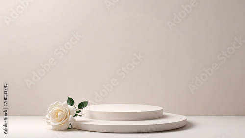 3d render of white podium for product presentation with rose flower.
