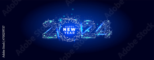 Futuristic technology or new AI Artificial Intelligence technology trends concept with 2024 number. Geometrical, Low poly, polygonal design on background.