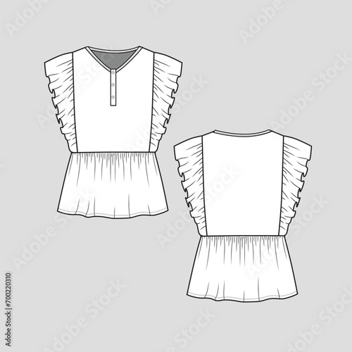 henley ruffles pelum top Henley neck button panel side  ruffles detail peplum gathering flounce hem sleeveless t shirt dress blouse cad clothing fashion flat sketch technical drawing template design v