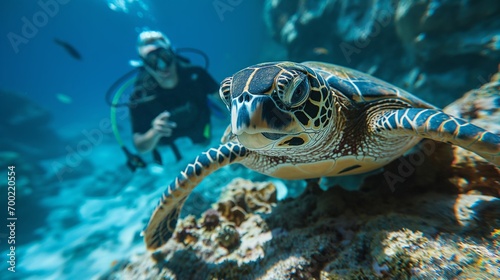 Sea Turtle Swimming Near Diver in the Ocean s Depths  Showcasing Marine Wildlife and Underwater Beauty