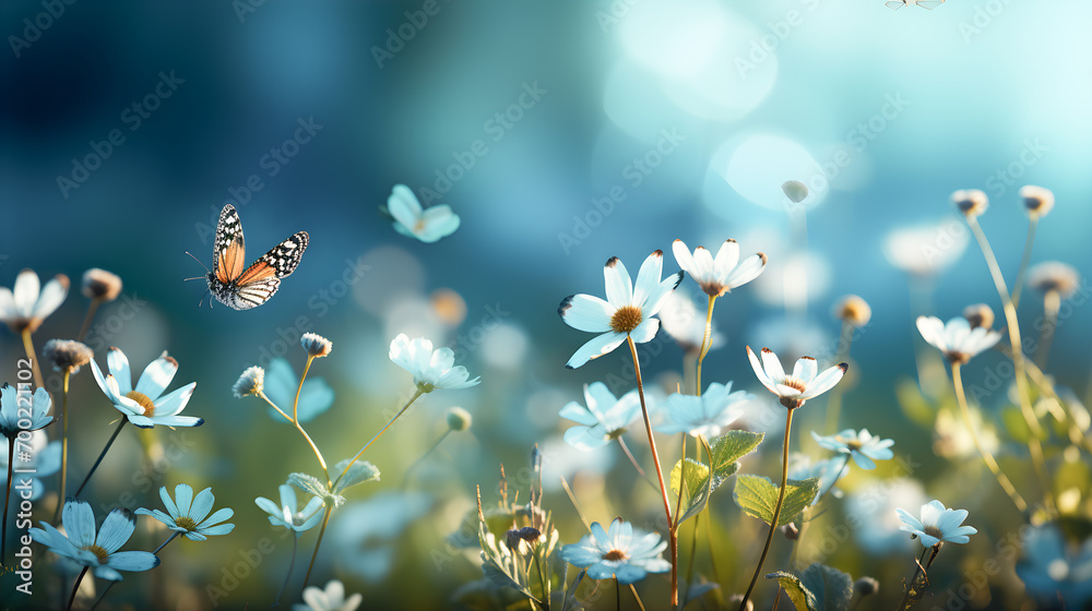 Spring background. Flowers in foreground with butterfly on blue sky out of focus and copy space.