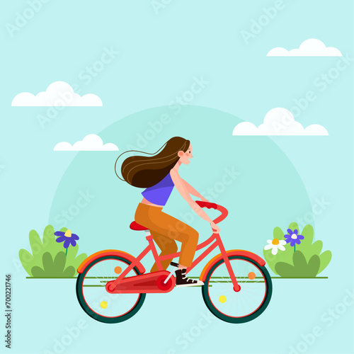 Happy girl riding city bicycle. Adorable young hipster woman on bike. Cute pedaling female bicyclist. Flat cartoon vector illustration. © Dakodi