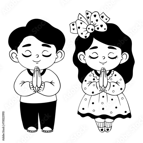 Cute little praying children girl and boy in full growth. Vector illustration. Isolated hand drawings. Religious believer child character concept. Kids collection