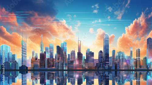 Modern cityscape with futuristic buildings and a digitally enhanced sky in cool colors. 