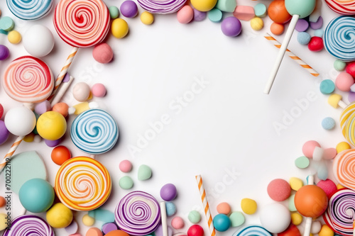 Bright Colorful Candies and Lollipops on a Crisp White Background - A Cheerful Valentine's Day Card Featuring a Sugary Display and a Playful Spot for Your Sweet Message