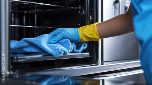 Person is cleaning the inside of an oven using a blue cloth while wearing yellow and blue protective cleaning gloves.