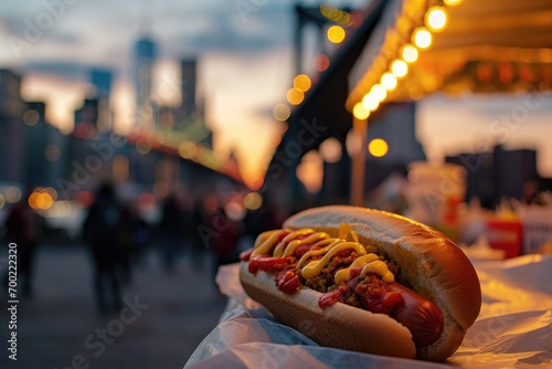 Hot Dog Classic Street Food - Iconic New York City Hot Dog Stands Proudly Against the Iconic Backdrop of the Brooklyn Bridge. 