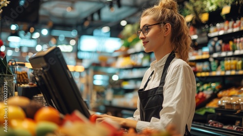 The staff  working at the supermarket as a cashier is diligent Working on handling customer payments and managing a branch.