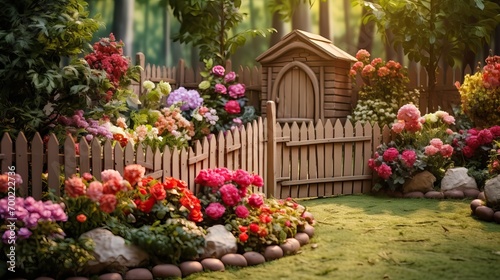 Cute Gardening Scene: Decorative Wooden Fence and Flower Beds