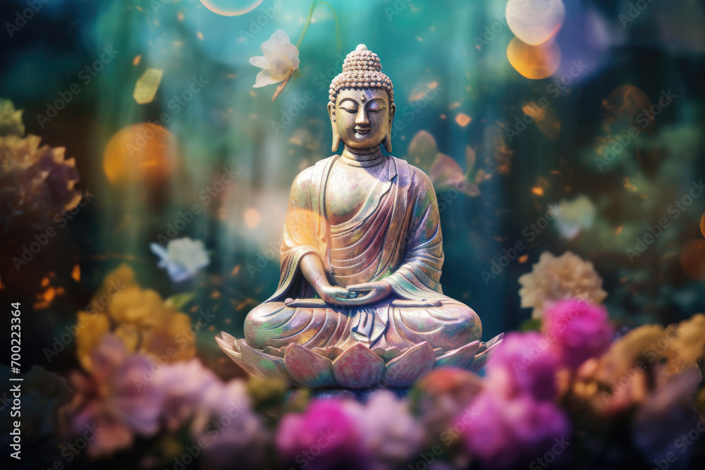 Glowing colorful jade buddha statue with nature background