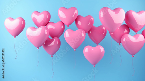 Pink heart shape balloons isolated on sky blue background. Valentine s Day card 
